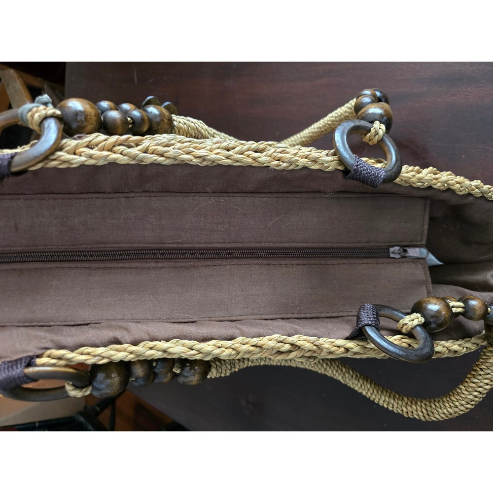 Magid Woven Straw Tote Bag Leopard Print Fabric Panels Wooden Beads Ring Handles - Picture 4 of 9